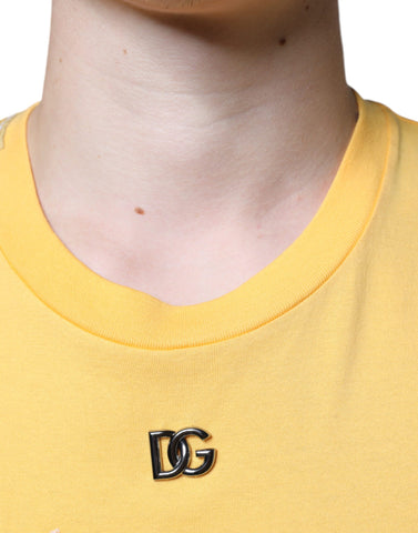 Yellow floral cotton crew neck T-shirt by Dolce & Gabbana with secret garden print, short sleeves, and casual fit.