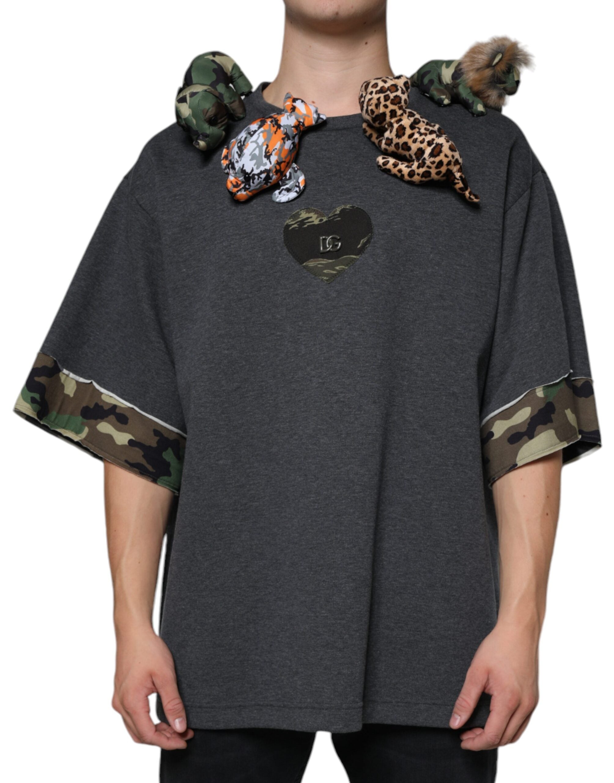Gray camouflage cotton T-shirt with animal print design by Dolce & Gabbana, casual men's clothing.