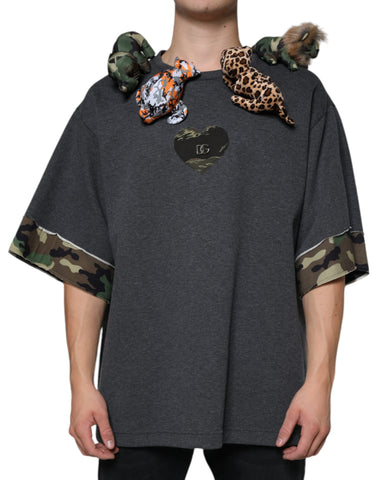 Gray camouflage animal print cotton T-shirt by Dolce & Gabbana, featuring a casual fit and detailed animal pattern.