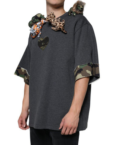 Gray camouflage animal print cotton T-shirt by Dolce & Gabbana, featuring a relaxed fit and stylish design.