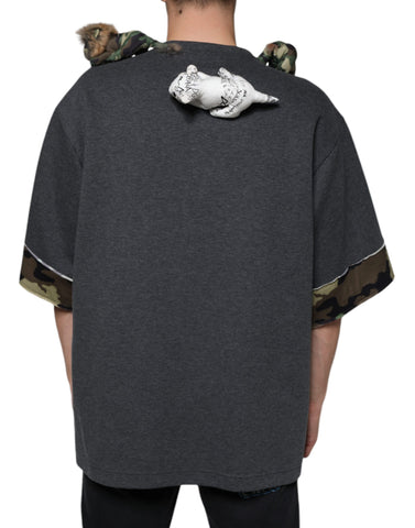 Gray camouflage animal print cotton T-shirt by Dolce & Gabbana, featuring a relaxed fit and stylish camouflage pattern.
