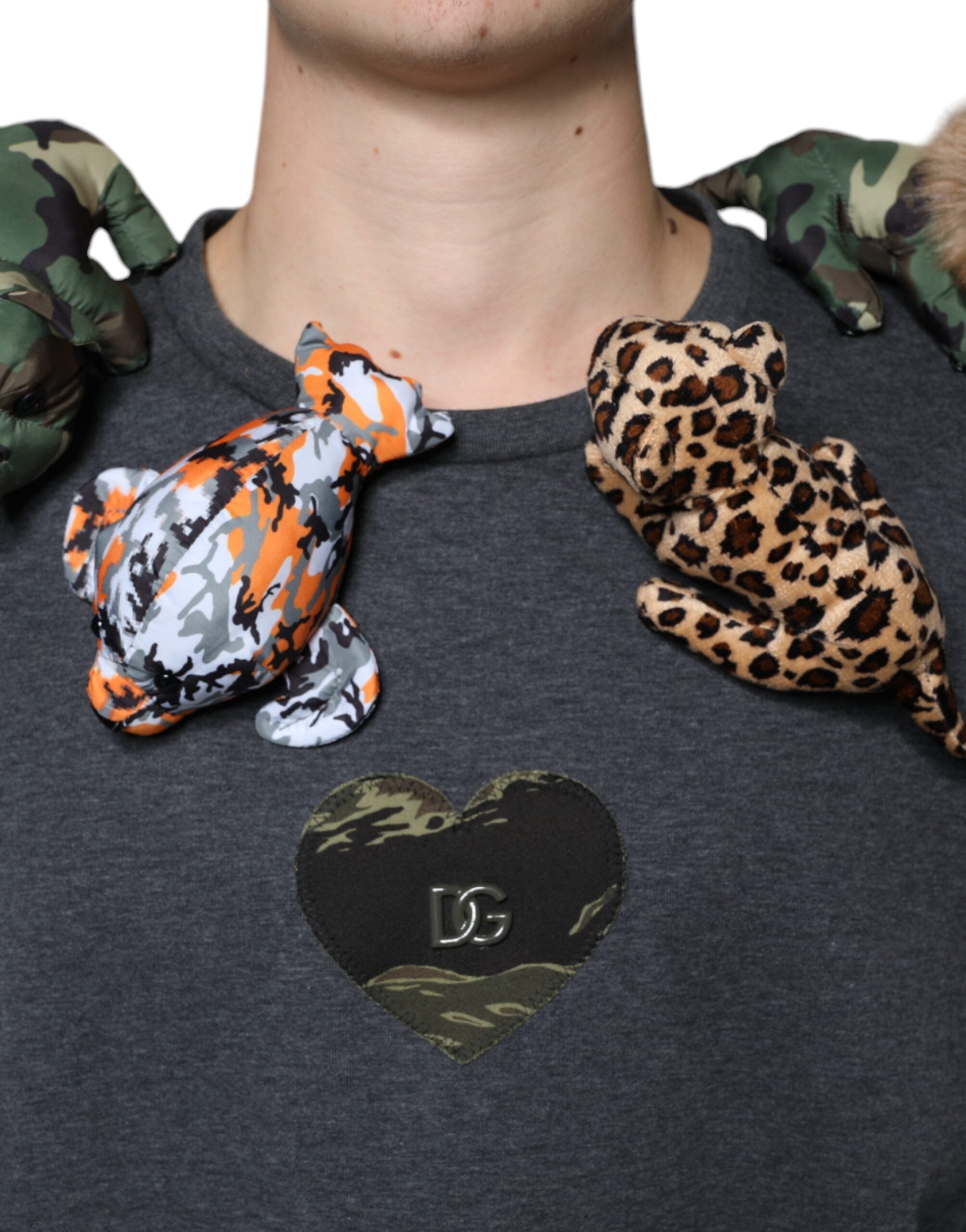 Gray camouflage animal print cotton T-shirt by Dolce & Gabbana featuring a relaxed fit and stylish design.