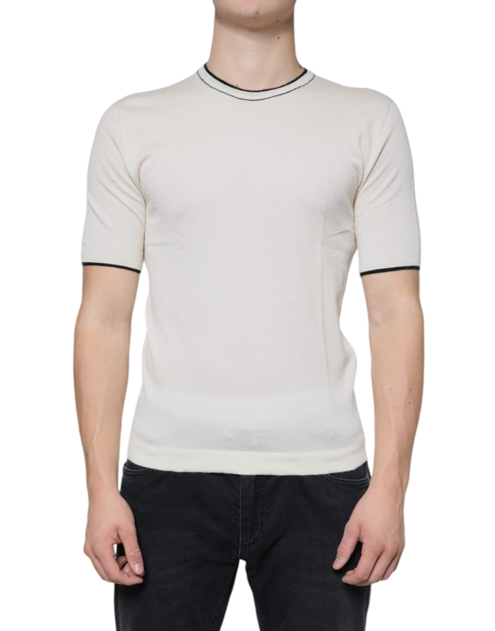 Dolce & Gabbana Off White cashmere short-sleeve T-shirt, soft fabric with a classic fit, displayed on a neutral background.
