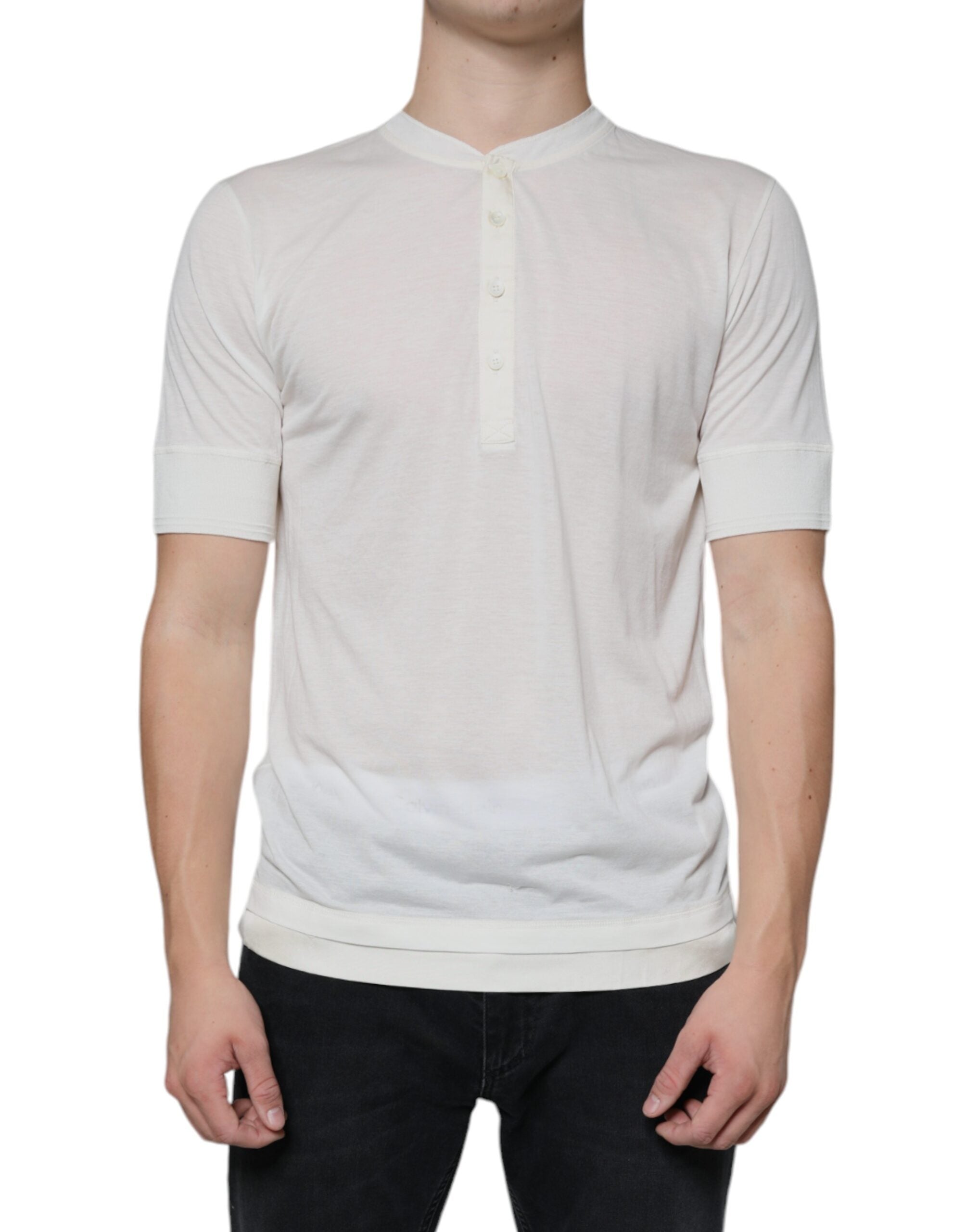Dolce & Gabbana Off White cotton short sleeve T-shirt with logo detail, casual men's clothing, front view.