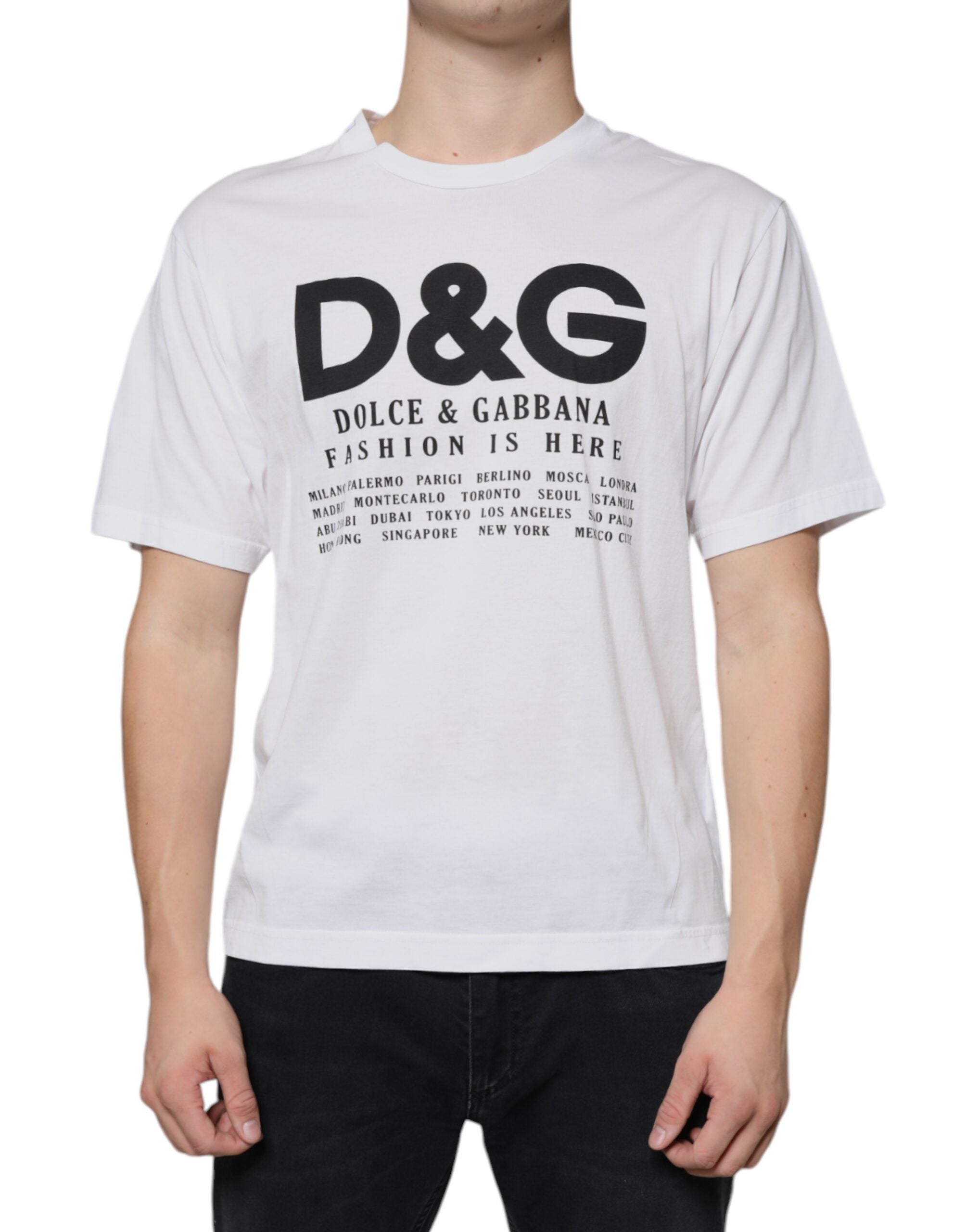 White cotton Dolce & Gabbana logo print casual T-shirt with short sleeves and relaxed fit.