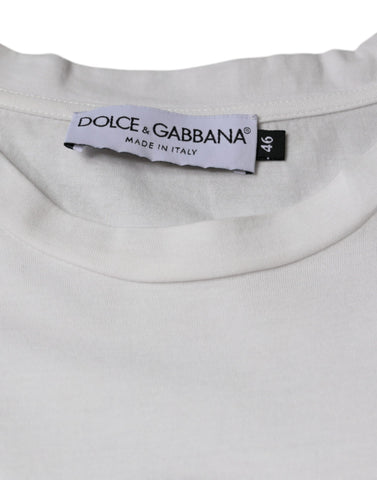 White cotton Dolce & Gabbana logo print casual T-shirt with short sleeves and crew neck, featuring a prominent DG logo on the front.