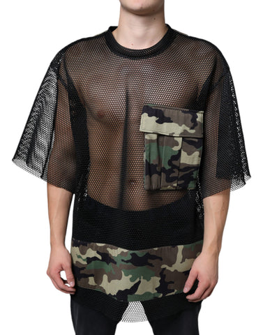 Black mesh camouflage short sleeves T-shirt by Dolce & Gabbana, featuring a stylish camouflage pattern and lightweight mesh fabric.
