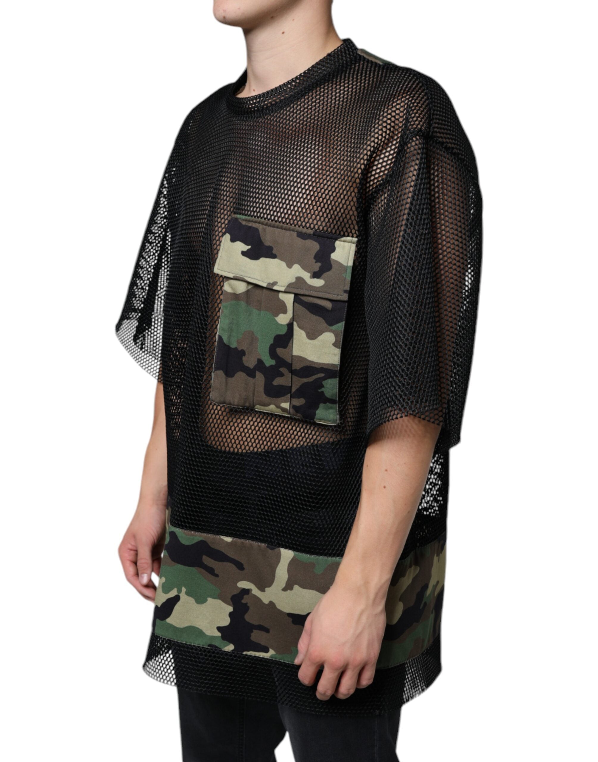 Black mesh camouflage short-sleeve T-shirt by Dolce & Gabbana with a fitted design and camouflage pattern.