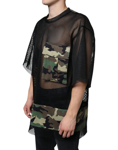 Black mesh camouflage short-sleeve T-shirt by Dolce & Gabbana with a fitted design and camouflage pattern.