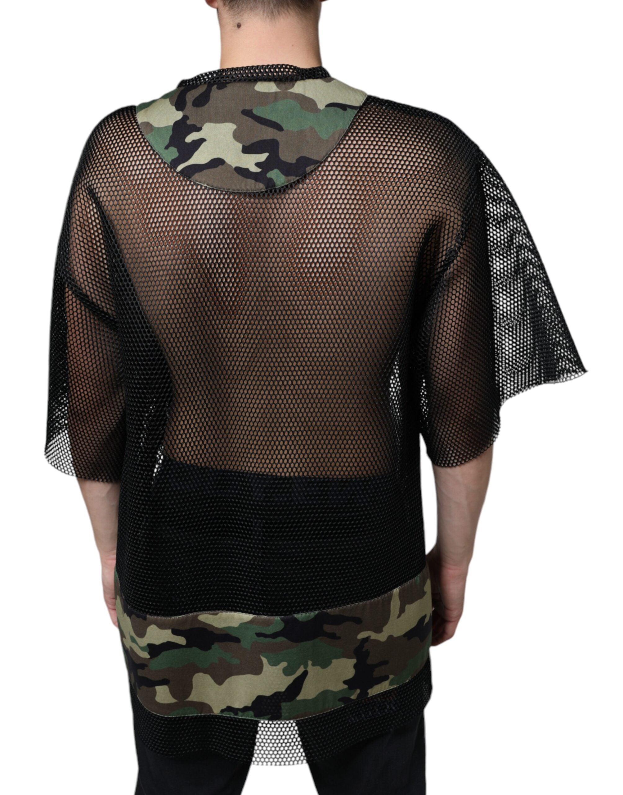 Black mesh camouflage short sleeve T-shirt by Dolce & Gabbana, featuring a stylish camouflage pattern and lightweight mesh fabric.