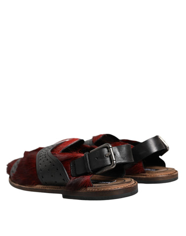 Dolce & Gabbana Black and Red Gazelle Hair Leather Sandals with open toe and ankle strap, stylish women's footwear.