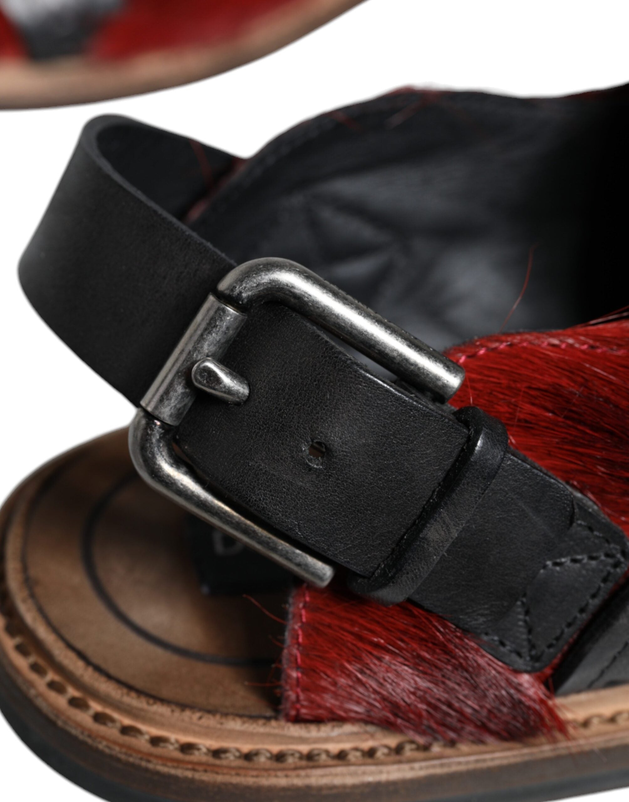 Black and red Gazelle Hair Leather sandals by Dolce & Gabbana with open toe and ankle strap, stylish and luxurious footwear.