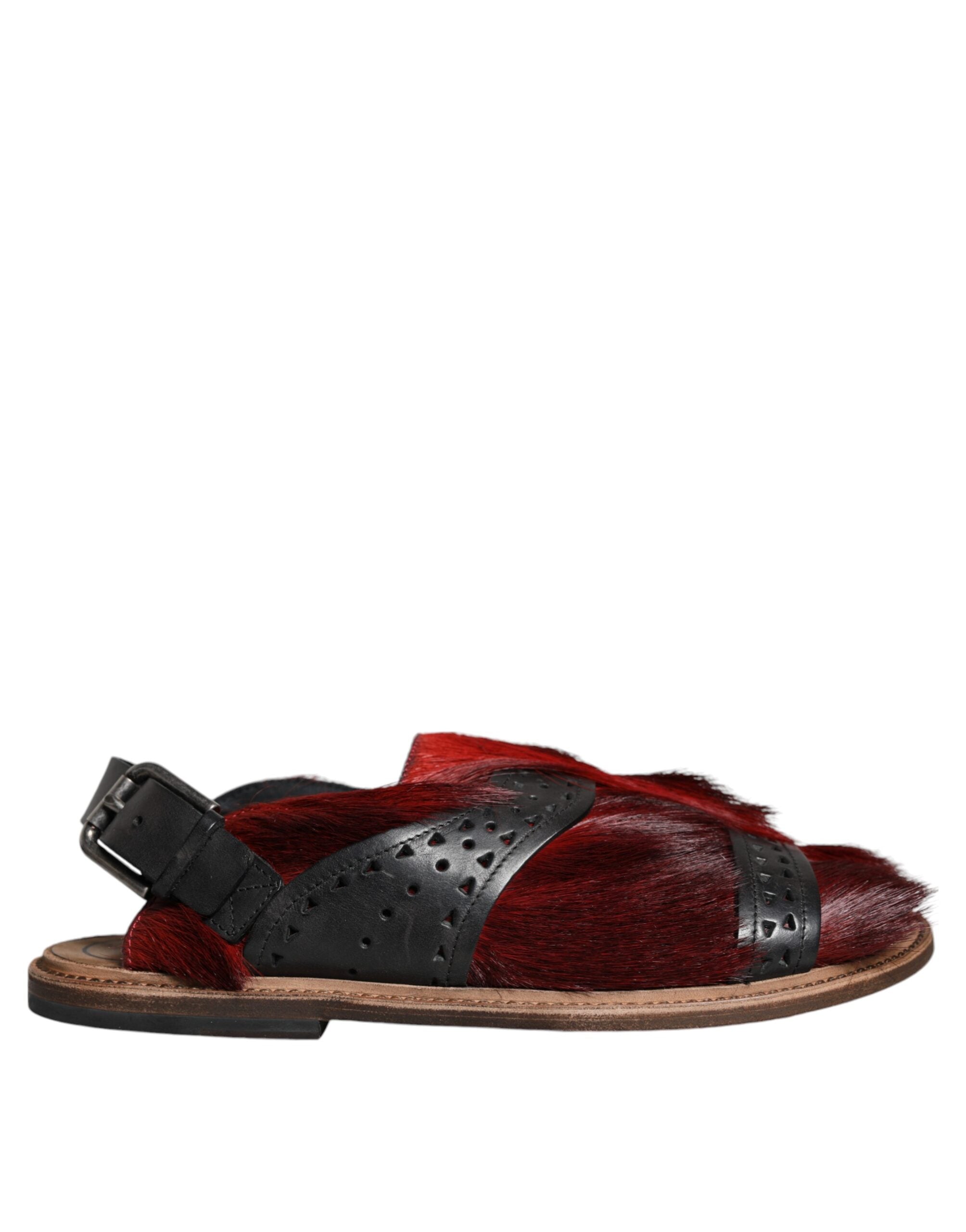Black and red Gazelle Hair Leather Sandals by Dolce & Gabbana with open toe and ankle strap, stylish and luxurious footwear.