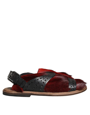 Black and red Gazelle Hair Leather Sandals by Dolce & Gabbana with open toe and ankle strap, stylish and luxurious footwear.