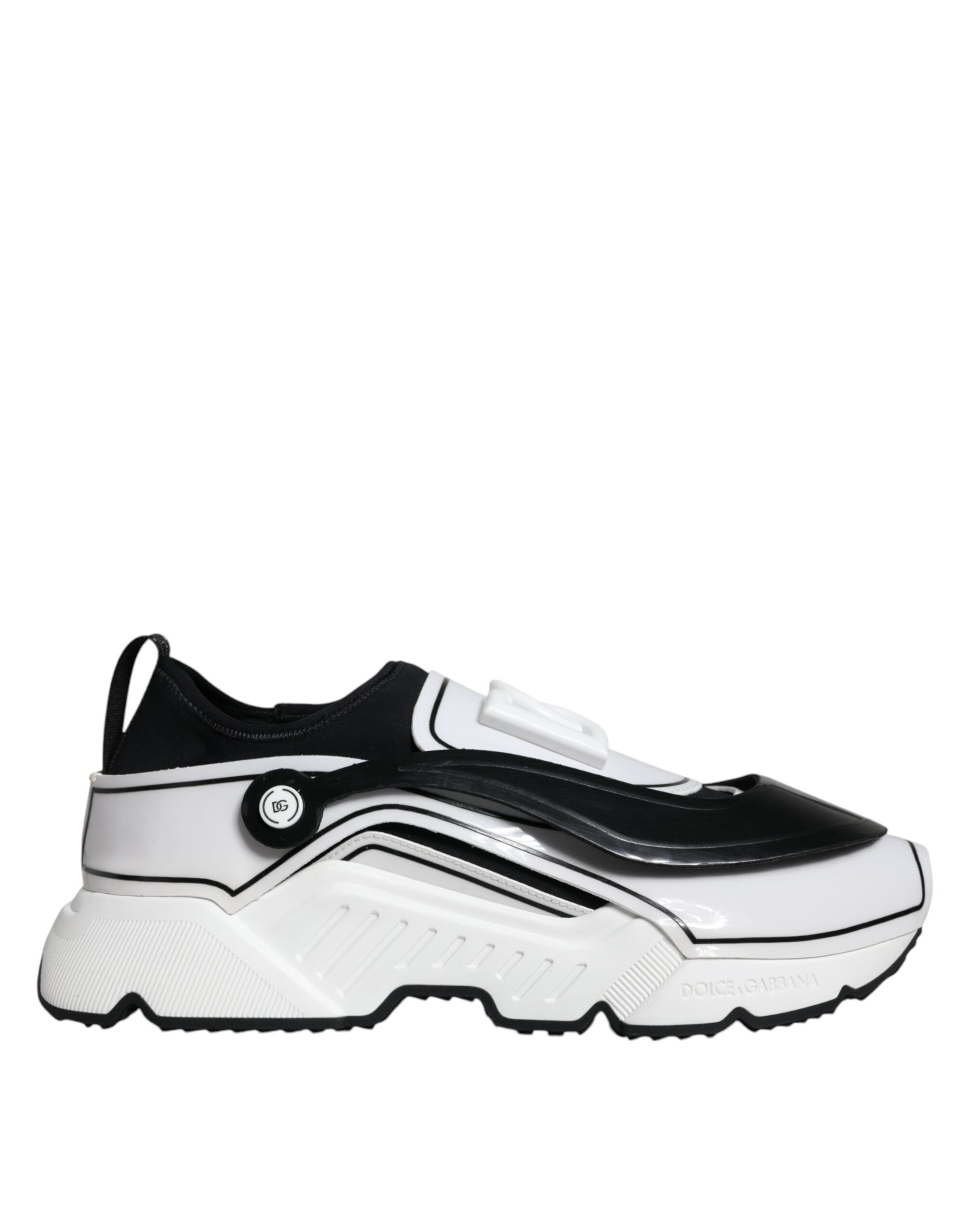 White Dolce & Gabbana Daymaster sneakers with black logo plaque, featuring a sleek design and stylish laces.