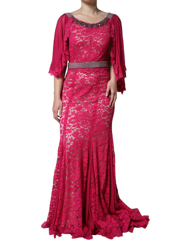 Pink lace crystal embellishment long sheath gown dress by Dolce & Gabbana, featuring intricate lace details and a fitted silhouette.