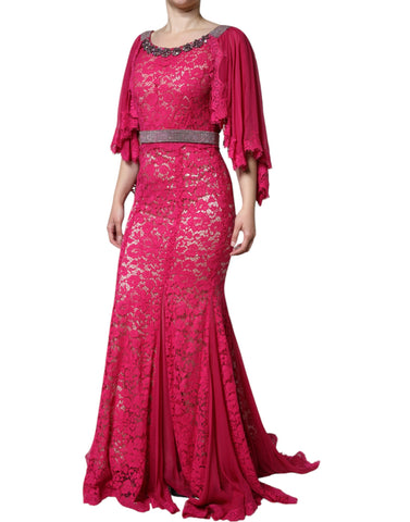 Pink lace crystal sheath long gown dress by Dolce & Gabbana, featuring intricate lace details and sparkling embellishments.