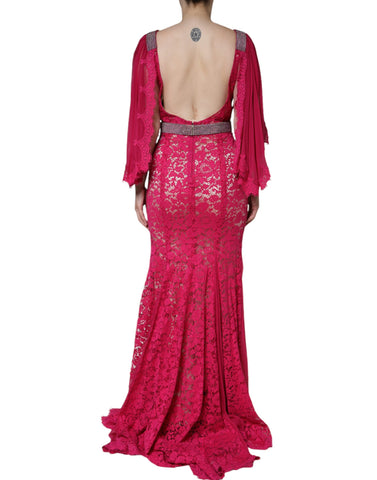 Pink lace crystal sheath long gown dress by Dolce & Gabbana, featuring intricate lace details and sparkling crystal embellishments.