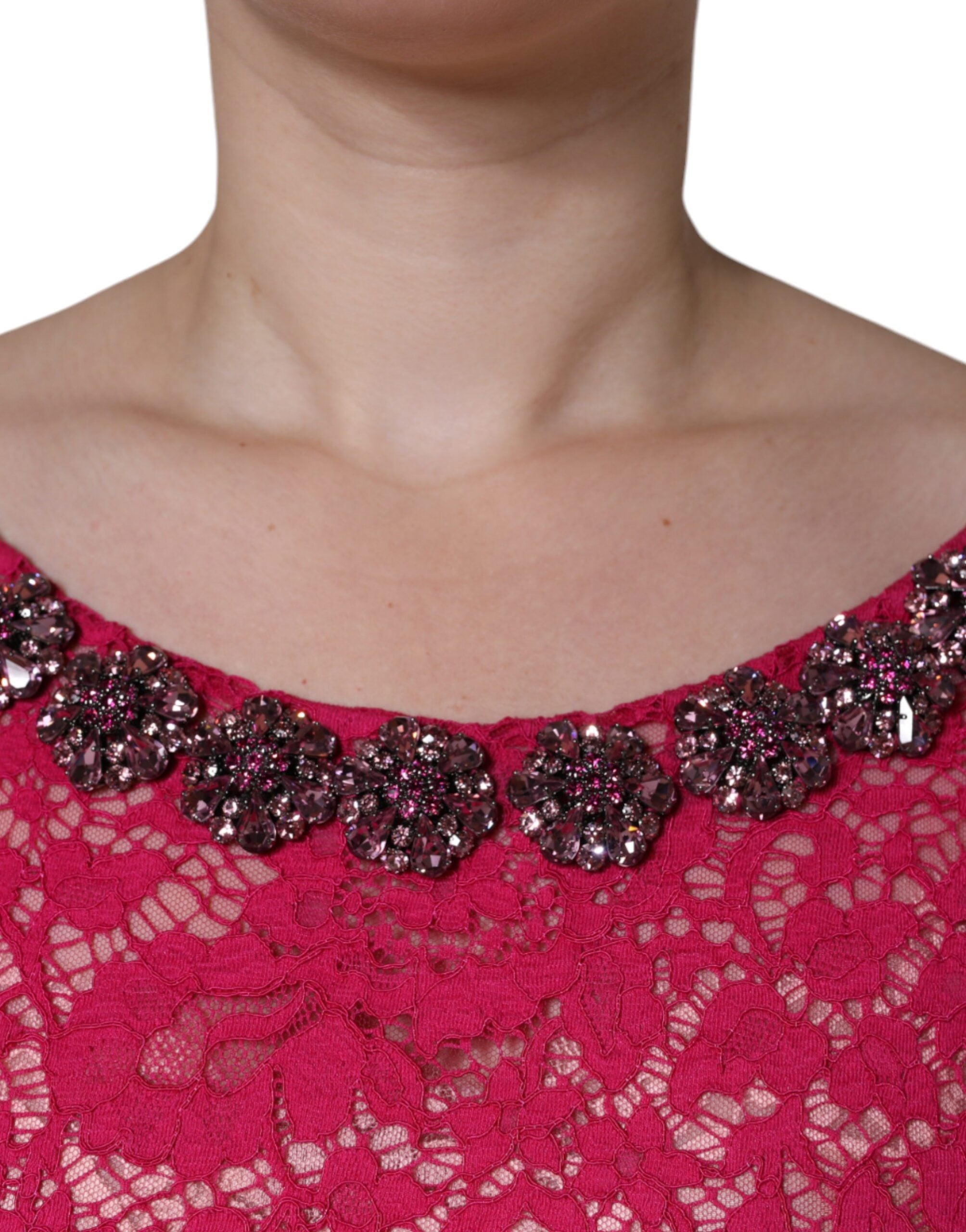 Pink lace crystal long gown dress by Dolce & Gabbana featuring a sheath silhouette and elegant detailing.