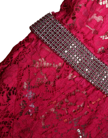 Pink lace crystal sheath long gown dress by Dolce & Gabbana with intricate lace details and sparkling embellishments.