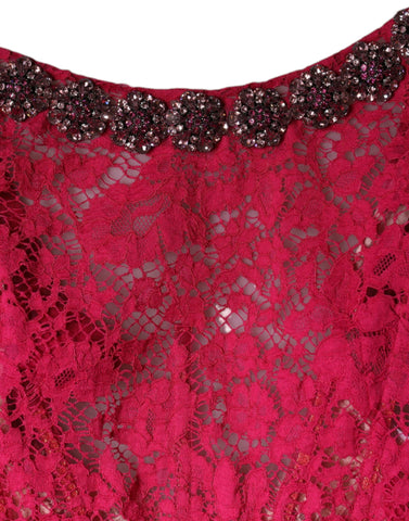 Pink lace crystal sheath gown dress by Dolce & Gabbana featuring intricate lace details and shimmering crystal embellishments.