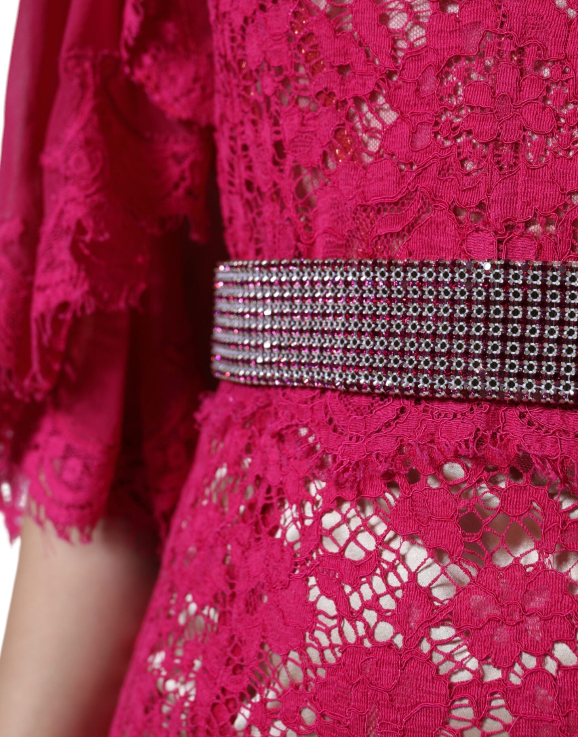 Pink lace crystal sheath long gown dress by Dolce & Gabbana, featuring intricate lace details and sparkling embellishments.