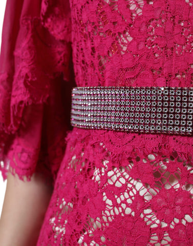 Pink lace crystal sheath long gown dress by Dolce & Gabbana, featuring intricate lace details and sparkling embellishments.