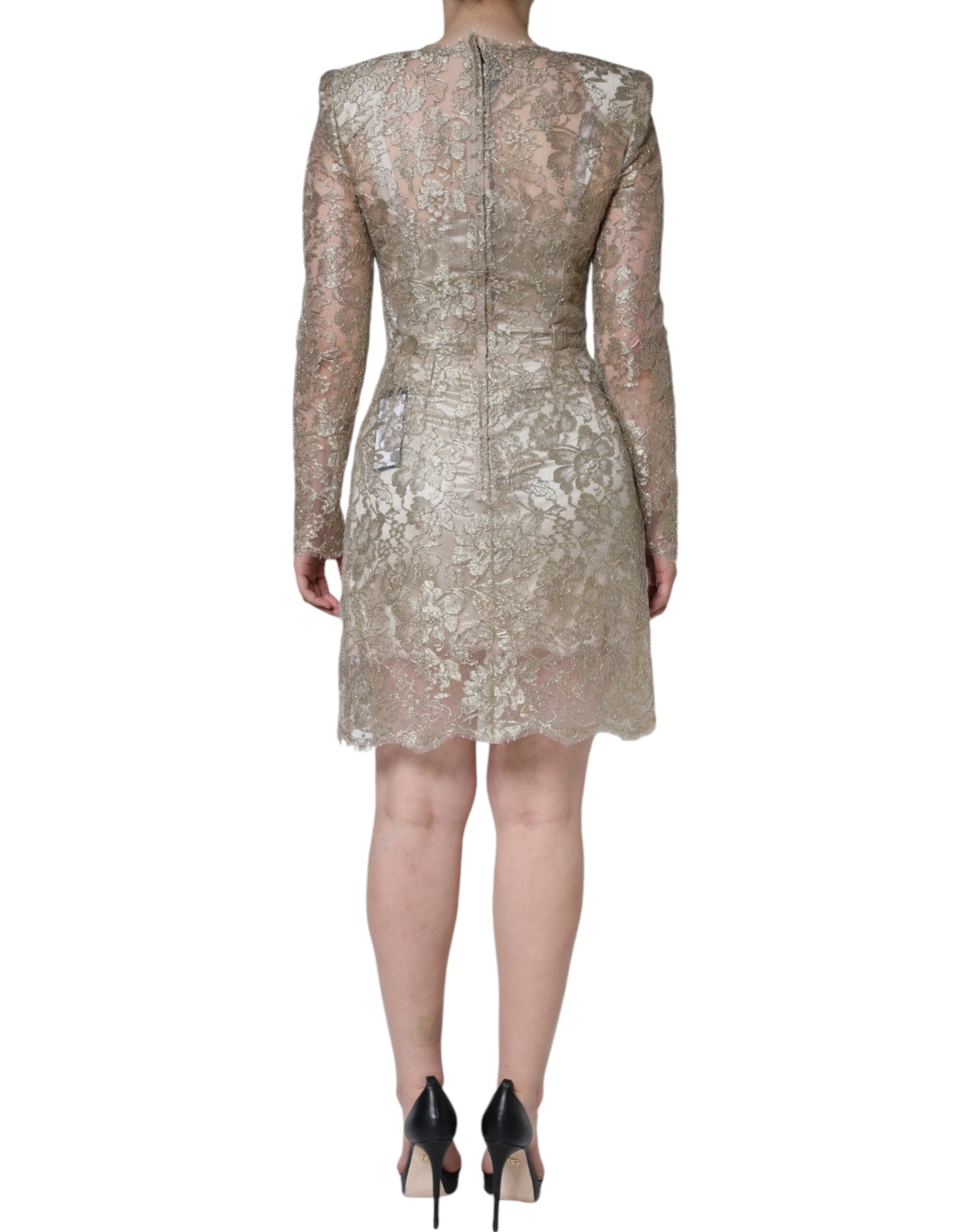 Gold floral lace Dolce & Gabbana A-line sheath mini dress with intricate lace details and a fitted silhouette.