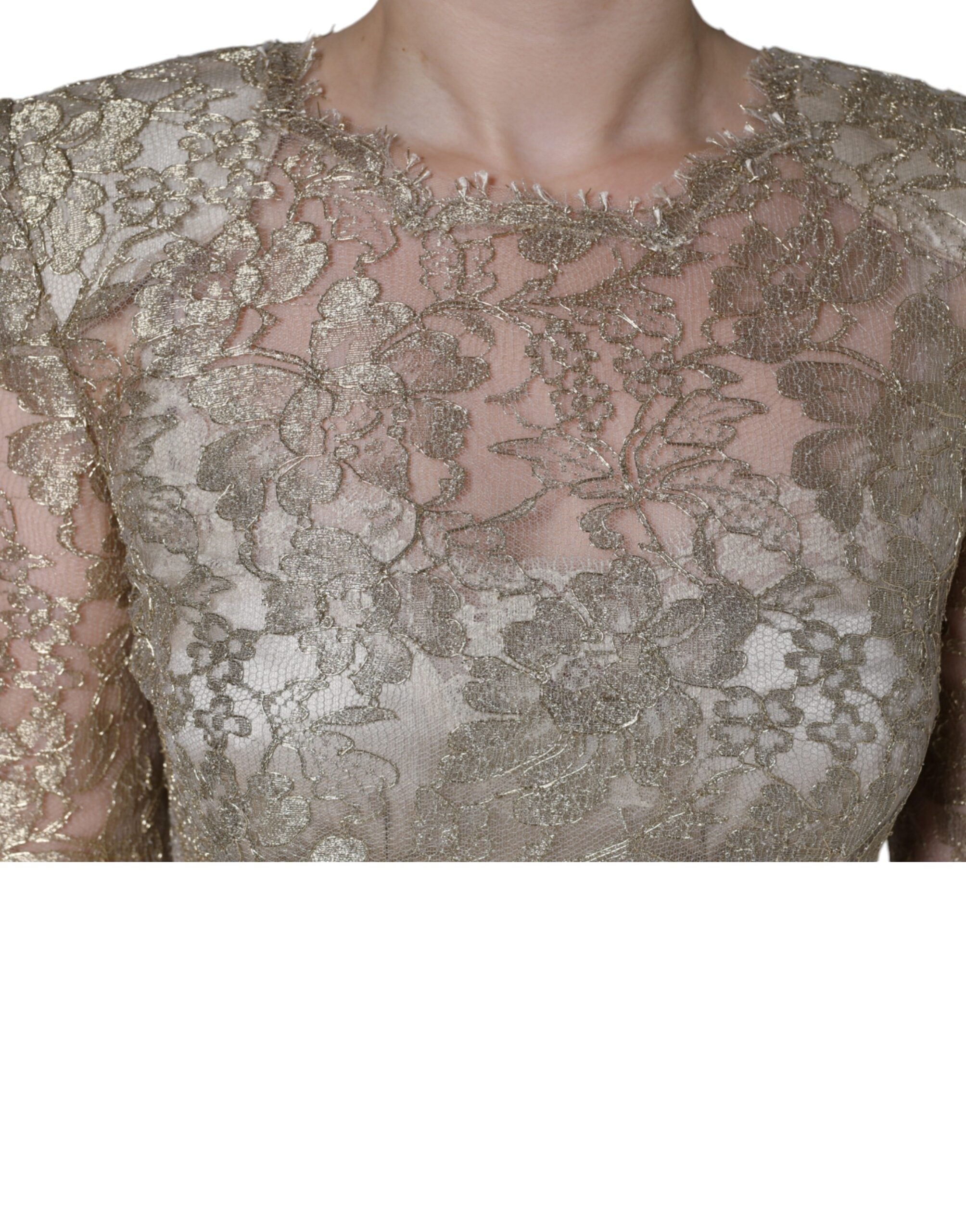 Gold floral lace Dolce & Gabbana A-line sheath mini dress with intricate lace details and a fitted silhouette.