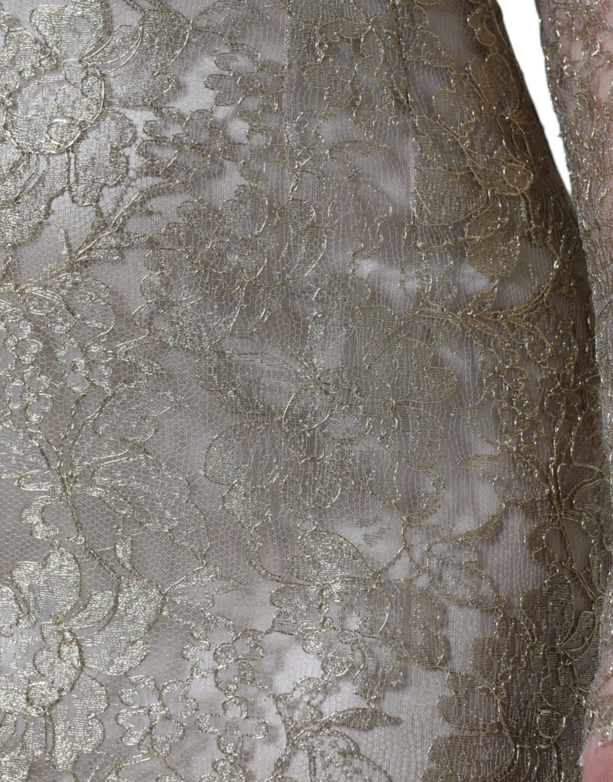 Gold floral lace A-line sheath mini dress by Dolce & Gabbana, featuring intricate lace details and a fitted silhouette.