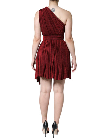 Red Dolce & Gabbana one-shoulder pleated A-line mini dress with flowing fabric and stylish design, shown on a model.