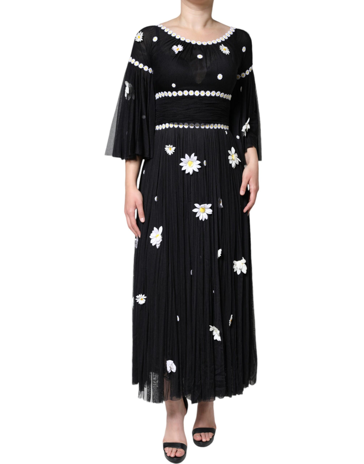 Black silk Daisy A-line long maxi dress by Dolce & Gabbana, featuring a flowing silhouette and floral detail.