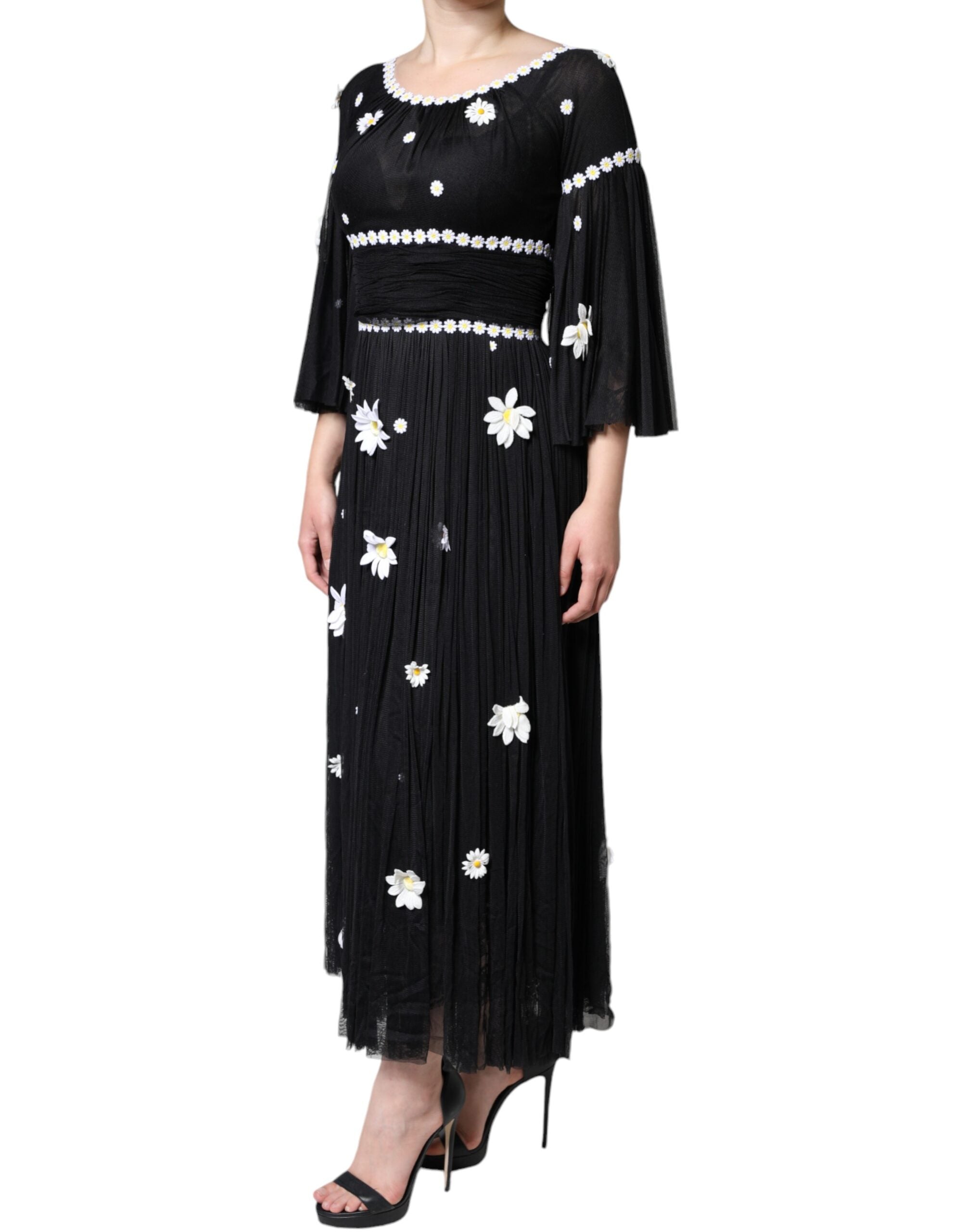 Black silk Daisy A-line long maxi dress by Dolce & Gabbana, flowing with floral details and elegant silhouette.