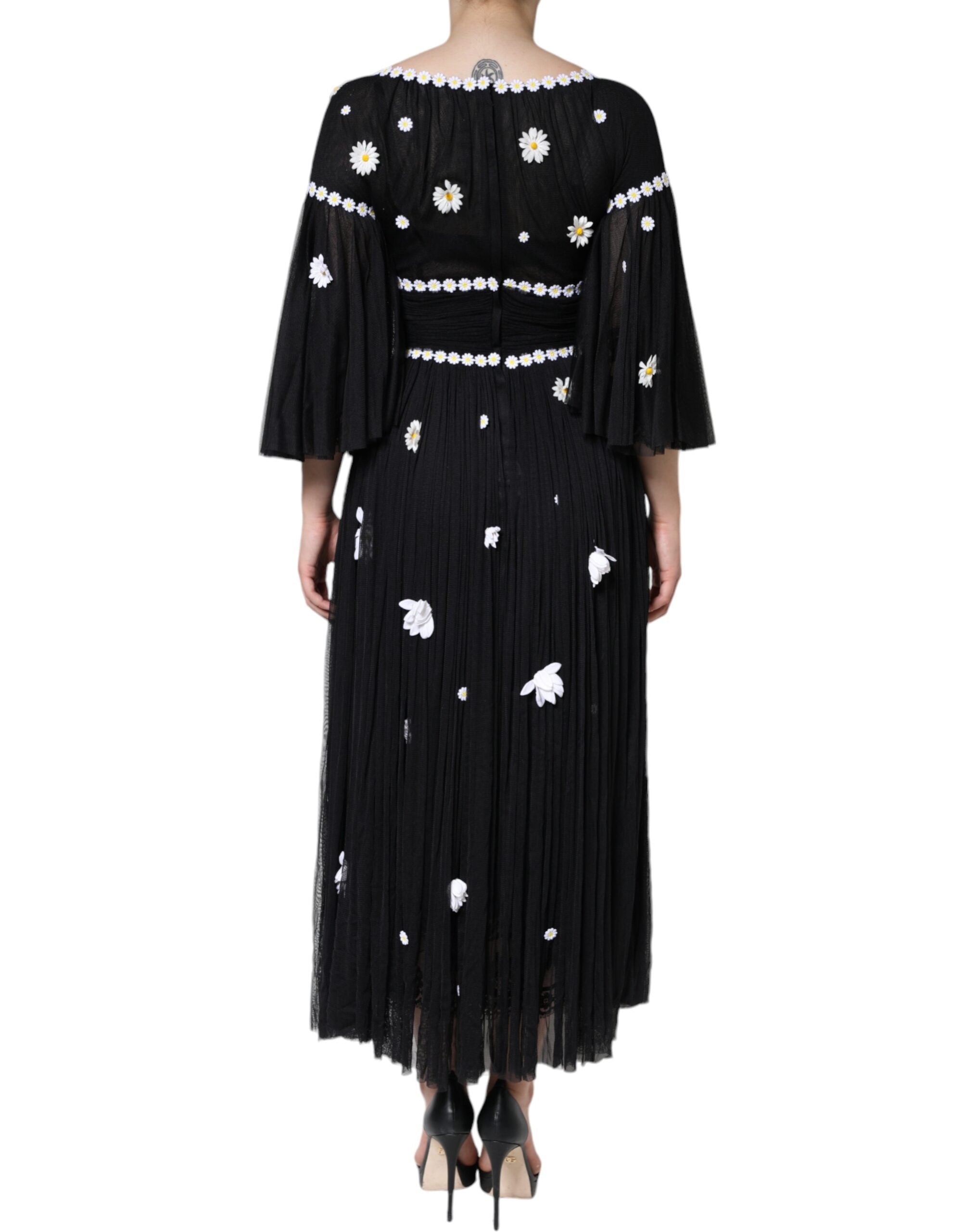 Black silk Daisy A-line long maxi dress by Dolce & Gabbana, flowing design with floral details, elegant and stylish for special occasions.