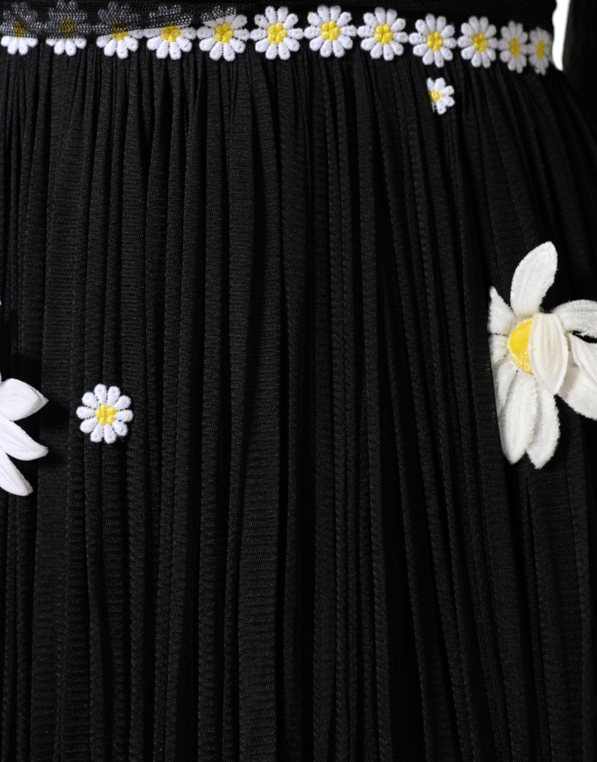 Black silk Daisy A-line long maxi dress by Dolce & Gabbana, featuring a flowing silhouette and floral daisy details.