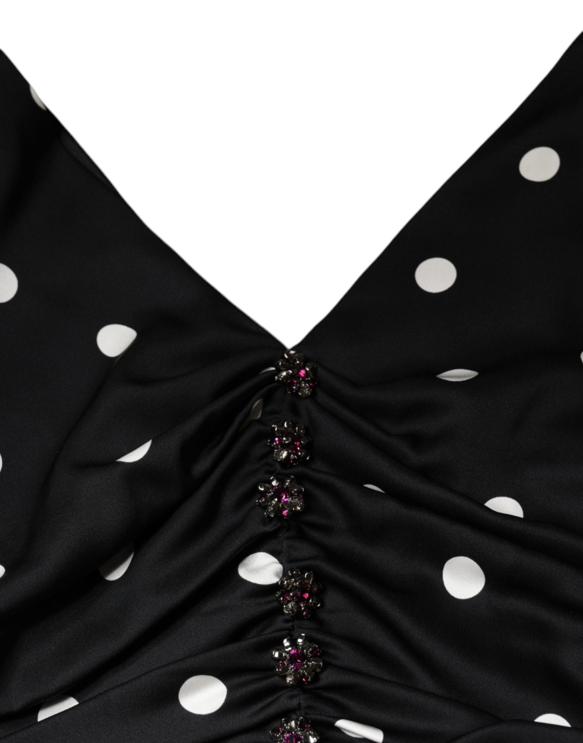Black Silk Polka Dot Vneck Tassel Midi Dress