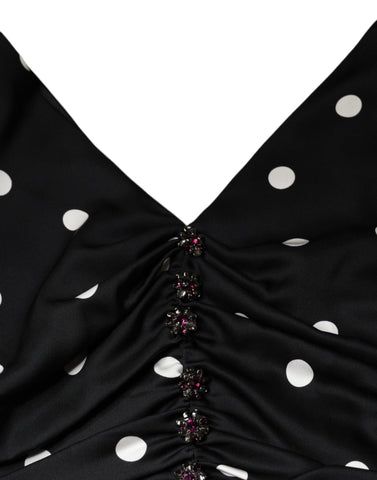 Black Silk Polka Dot Vneck Tassel Midi Dress