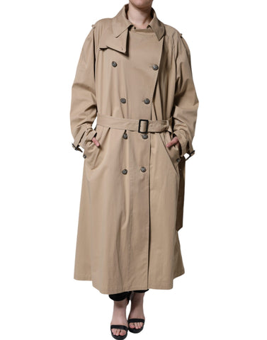 Dolce & Gabbana khaki double-breasted trench coat jacket with classic collar and button details, displayed on a mannequin.