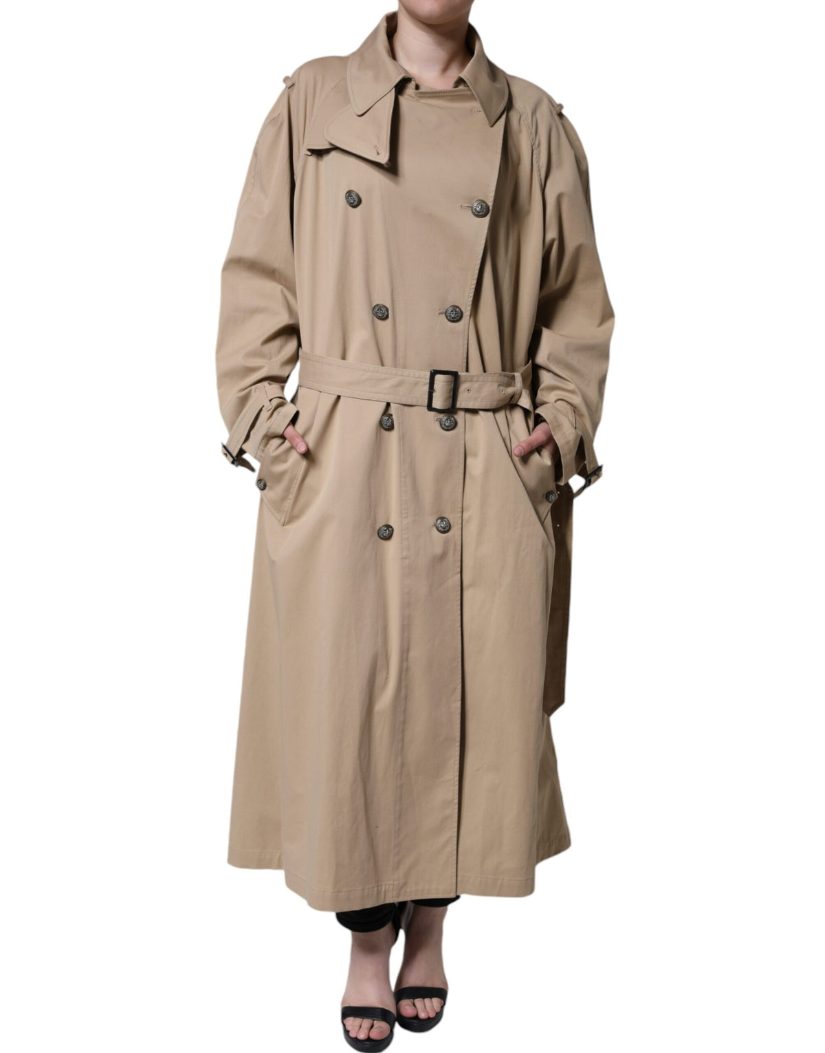 Dolce & Gabbana khaki double-breasted trench coat jacket with classic collar and belt, stylish outerwear for women.