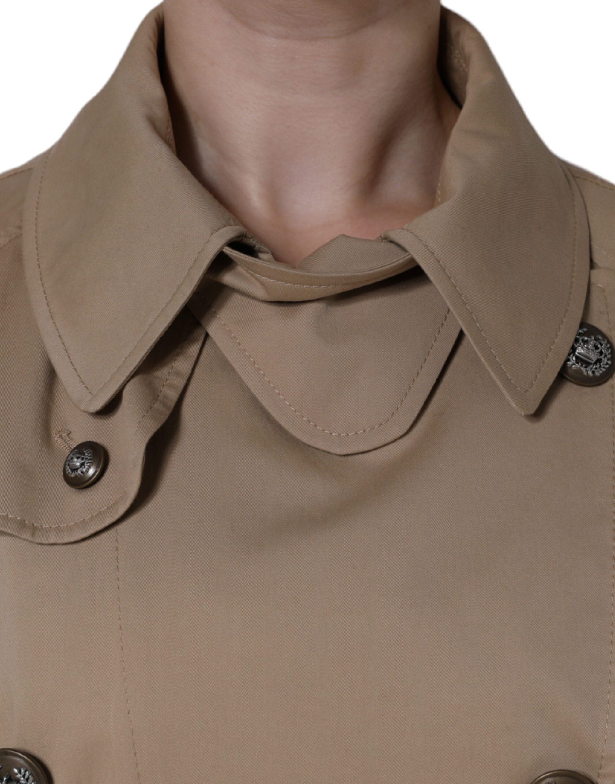Dolce & Gabbana khaki double-breasted trench coat jacket with classic collar and belt, stylish outerwear for women.