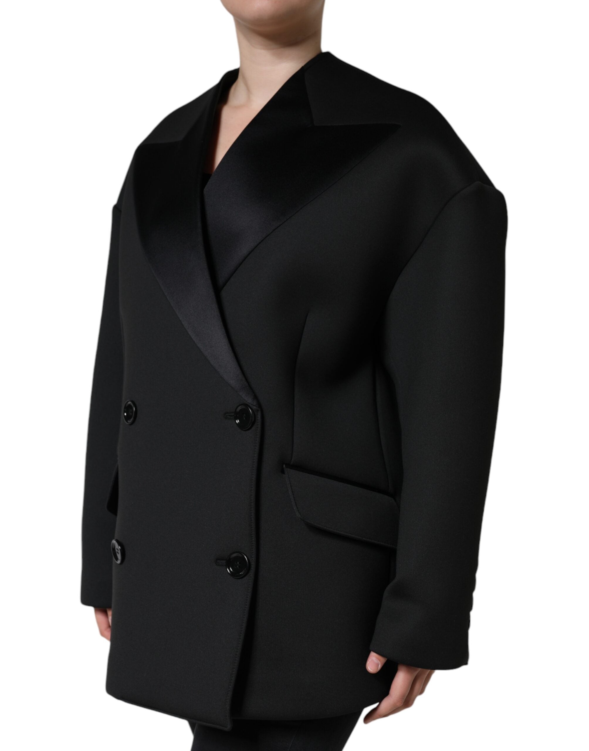Black polyester double-breasted coat jacket by Dolce & Gabbana, featuring classic design and tailored fit.