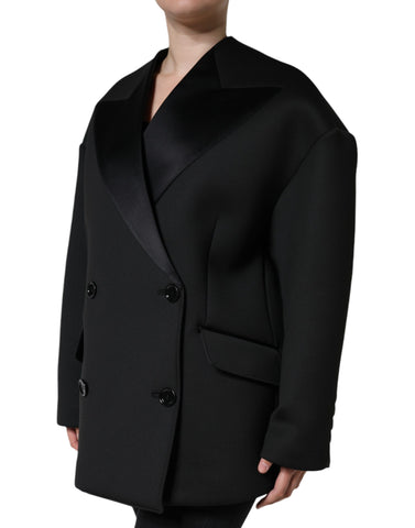 Black polyester double-breasted coat jacket by Dolce & Gabbana, featuring classic design and tailored fit.