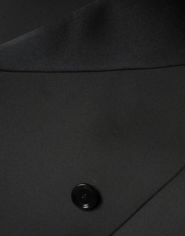 Black polyester double-breasted coat jacket by Dolce & Gabbana, featuring classic design and tailored fit.