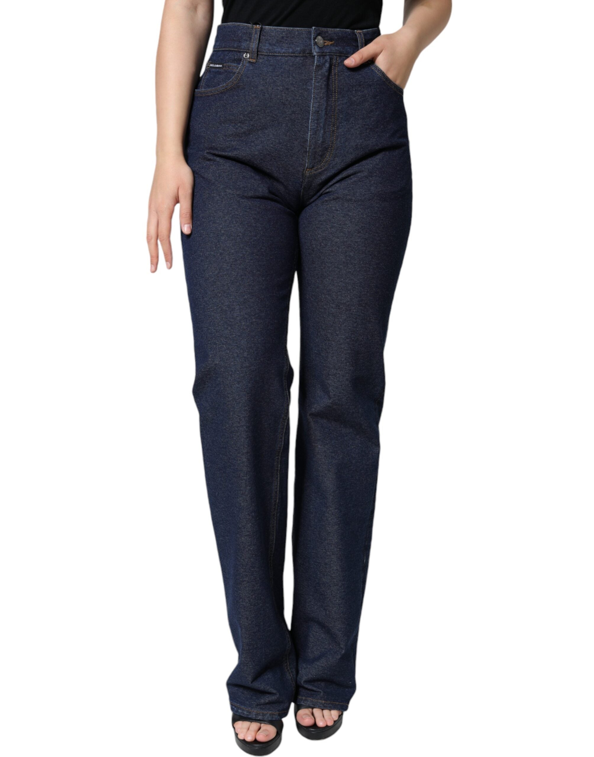 Dark blue cotton stretch straight denim jeans from Dolce & Gabbana, showing fit and classic design details.