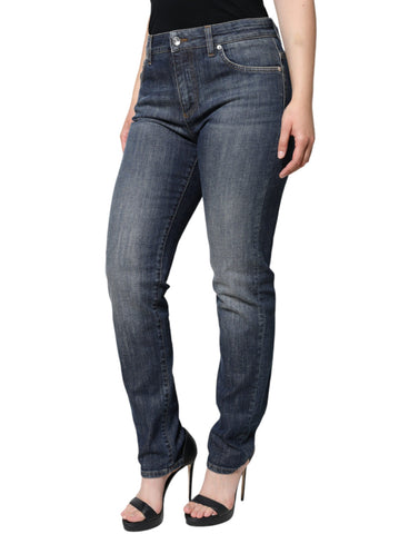 Dark blue cotton stretch skinny denim jeans by Dolce & Gabbana, featuring a fitted silhouette and classic five-pocket design.