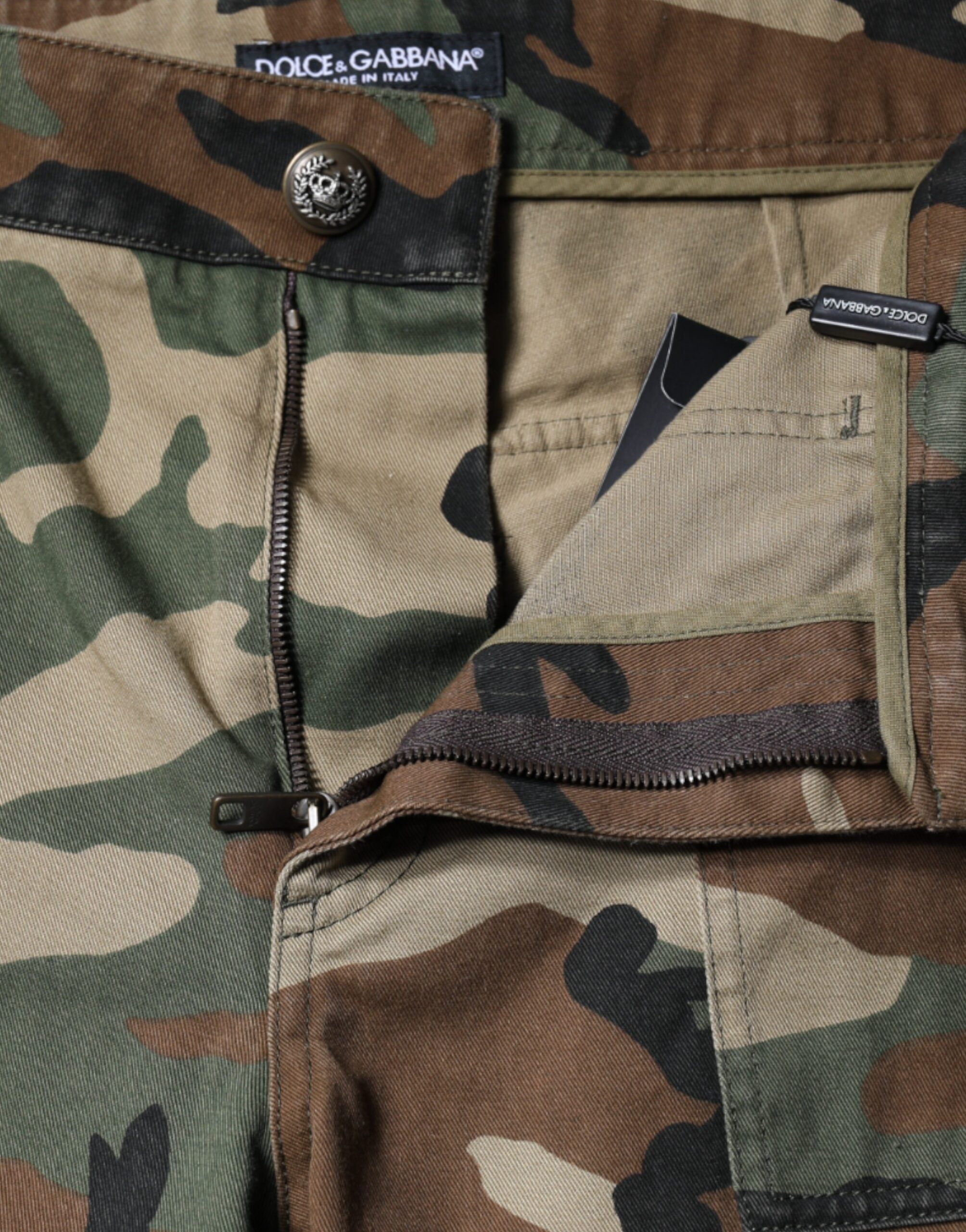 Multicolor camouflage cargo pants by Dolce & Gabbana, featuring multiple pockets and a relaxed fit, styled on a model.