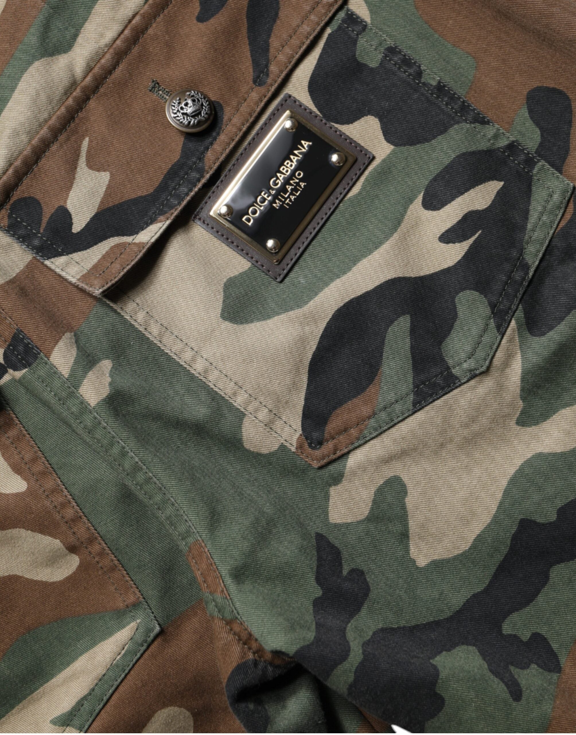Multicolor camouflage cargo pants by Dolce & Gabbana with multiple pockets and a relaxed fit, shown on a model.