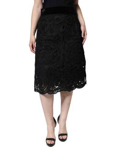 Black floral lace high waist pencil skirt by Dolce & Gabbana, showcasing intricate lace detail and a fitted silhouette.