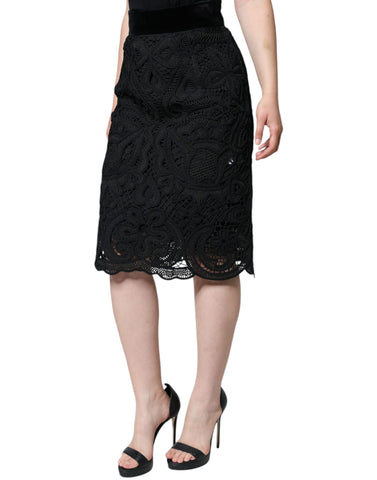 Black floral lace high-waist pencil skirt by Dolce & Gabbana, showing intricate lace details and fitted silhouette.