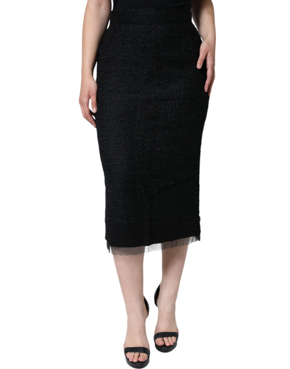 Black Virgin Wool Pencil Cut Midi Skirt by Dolce & Gabbana, featuring a fitted silhouette and elegant midi length.
